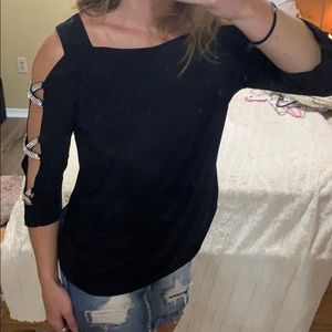 Off the shoulder blouse. Rhinestone sleeves.